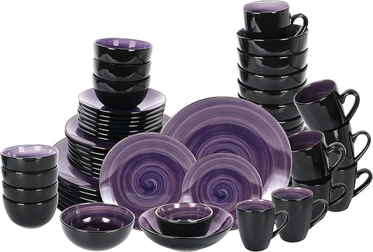 Sonoma 56-Piece Dinnerware Set - Serves for 8, Black and Speckled Purple Plates & Bowls Set | Microwave & Dishwasher Safe | Sonoma Style, Purple