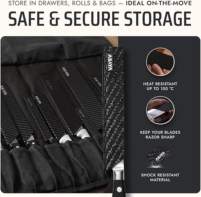 Asaya Professional Knife Edge Guards -Universal Blade Covers - Extra Strength, ABS Plastic and BPA-Free Felt Lining, non-Toxic and Food Safe - Knives Not Included (6Pcs)