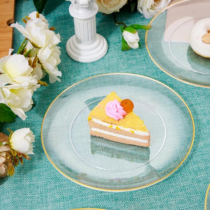Rubtlamp 200Pcs Clear Gold Dessert Plates With Plastic Gold Forks, 100pcs 7.5inch Plates For Appetizers,100pcs 7.8inch Premium Forks Disposable, Cake Platos Disposable for Wedding