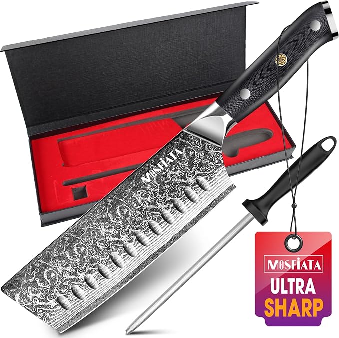 MOSFiATA 7'Nakiri Knife Damascus Professional Sharpe Chef Knife竊?Kitchen Knifed Damascus Steel VG-10 Blade with Ergonomic Handle Sharpener