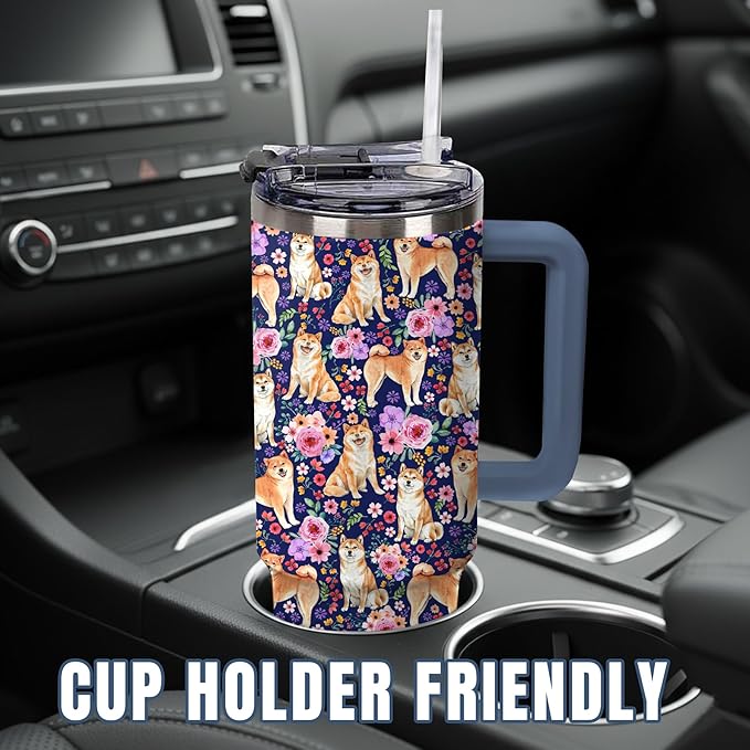 Yogusut Shiba Inu Gifts for Women, 40oz Stainless Steel Insulated Tumbler Travel Mug Cup with Handle Straw, Gifts for Dog Mom Dog Lover
