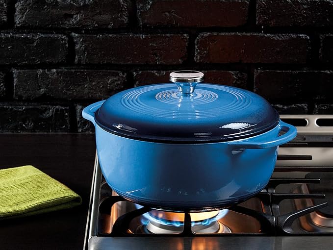 Lodge 6 Quart Enameled Cast Iron Dutch Oven with Lid ??Dual Handles ??Oven Safe up to 500째 F or on Stovetop - Use to Marinate, Cook, Bake, Refrigerate and Serve ??Blue
