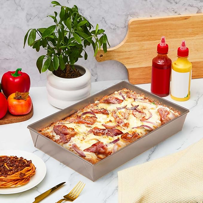 RimCereal 3 Pcs 10 x 14 x 2.36 in Detroit Style Pizza Pan Hard Rectangular Deep Pizza Pans Non Stick Sicilian Style Pan Dish Pre Seasoned Bakeware Kitchenware(Gold)