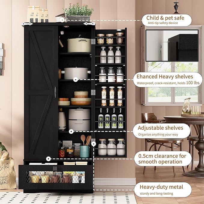 Kitchen Pantry Cabinet, Pantry Storage Cabinet with Adjustable Shelves and Drawer, Kitchen Buffet Cupboards Storage Shelf for Home Office Use (Black, 16" D x 24" W x 55" H)