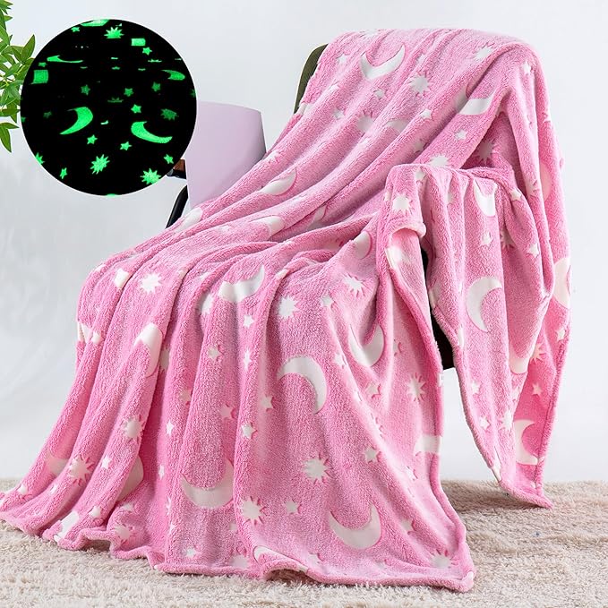 QSTEHEML Pink Moon Glow in The Dark Blanket,Star Gifts Toys for Kids Girls Birthday Christmas Bedroom Decor for Age 3-12 Years Old Toddler Teens Child Daughter Soft Luminous Blanket竊?0"횞60"