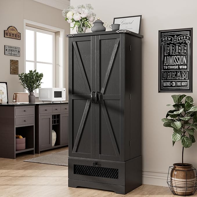 Kitchen Pantry Cabinet, Pantry Storage Cabinet with Adjustable Shelves and Drawer, Kitchen Buffet Cupboards Storage Shelf for Home Office Use (Black, 16" D x 24" W x 55" H)