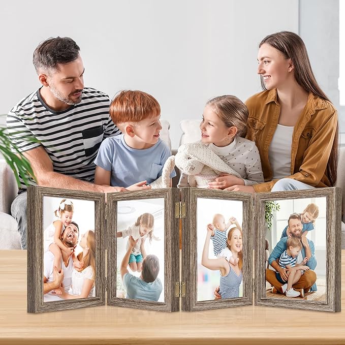 5x7 Four Picture Frame 4 Hinged Photo Frame with 4 Openings, Natural Wood Foldable Photo Frame with High Definition Acrylic for Birthday Father's Day Christmas Gift, Rustic Desk Family Picture Collage, Gray