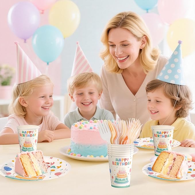 Childom 96 Pcs Birthday Party Supplies Set,Disposable Plates for Birthday Decorations,Paper Plates Cups Plastic Forks Dinnerware Sets for Parties,Party Tableware Set for Dinner,Outside,Picnic,Serve 24