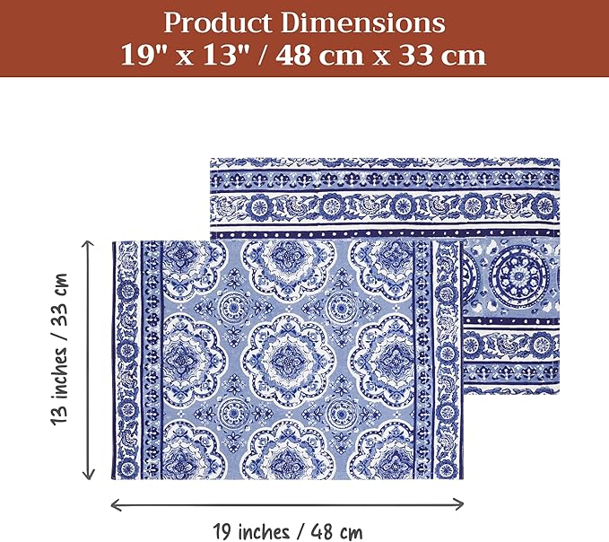 Maison d' Hermine Placemats Set of 2 100% Cotton Washable Cloth Place Mats, Reusable Table Mats for Kitchen Dining Decoration, Party, Wedding, Restaurant Spring/Summer (Melodie Bleue, 13" x 19")