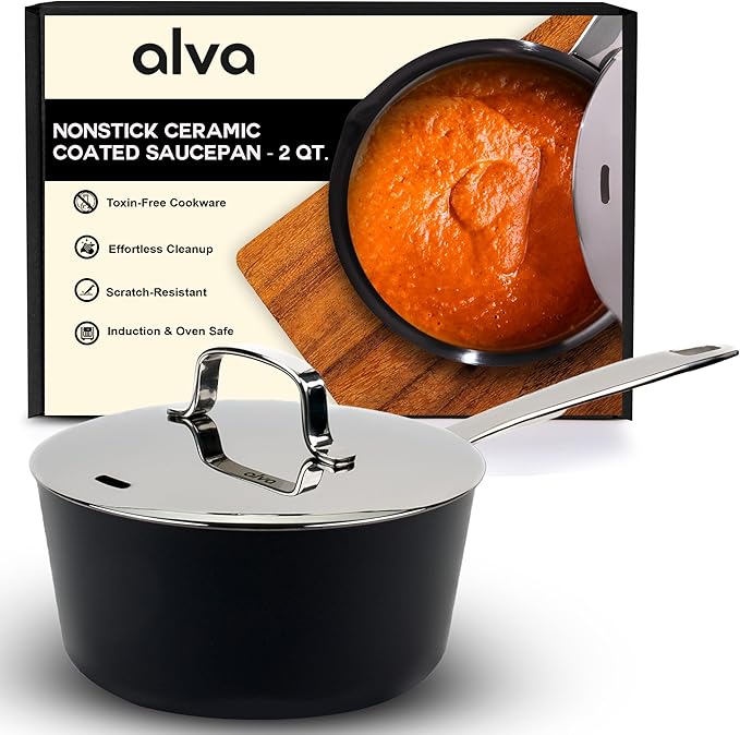 Alva Maestro 2QT Ceramic Nonstick Saucepan with Lid ??Non-Toxic Easy to Clean Pot, Oven Safe, and Induction Ready ??Belgian-Designed for Effortless, Healthy Everyday Cooking