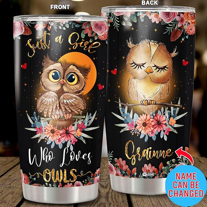 WAZONE Personalized Owl Tumbler Cup 20 30oz Customized Name Double Wall Vacuum Insulated Travel Mug Cups Stainless Steel Birthday Christmas Gifts For Owls Lovers Women Girl Da