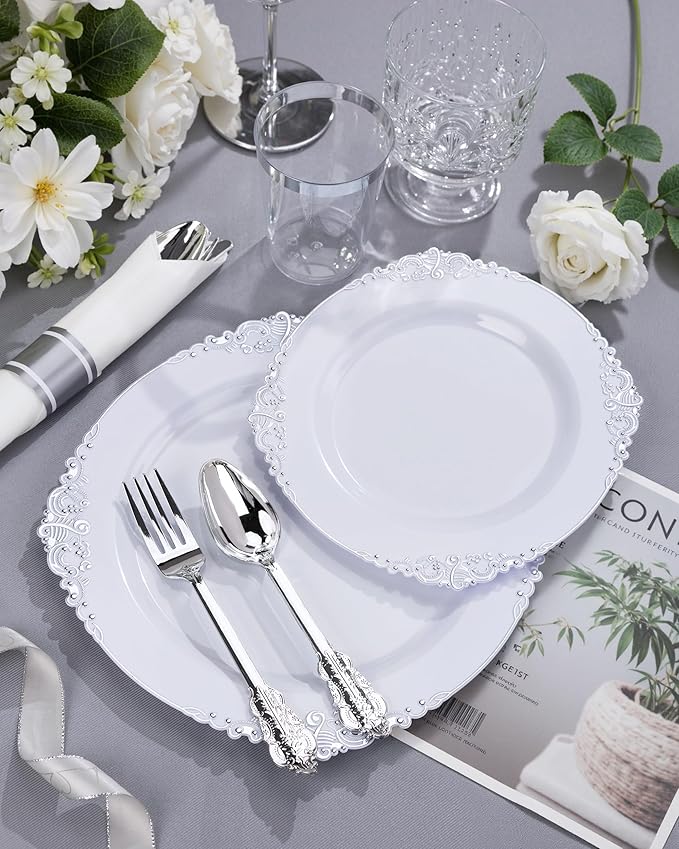 Nervure 175PCS Silver Plastic Plates - White and Silver Disposable Plates for 25 Guests Include 50Plates, 25Cups, 25Forks, 25Knives, 25Spoons, 25Napkins for Wedding & Party