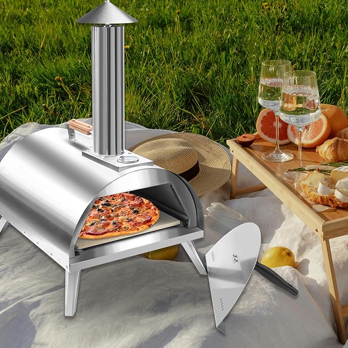 Rixordd 12" Wood Pellet Pizza Oven ??Portable Stainless Steel Outdoor Pizza Maker with Built-In Thermometer, Foldable Legs, Carry Handle & Cordierite Pizza Stone for Backyard, Patio & Camping