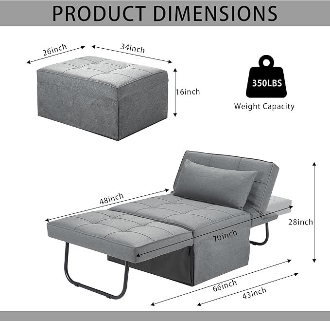 BIGSYY Sofa Bed, 4 in 1 Multi Function Folding Ottoman Sleeper Bed,Modern Convertible Chair Adjustable Backrest Sleeper Couch Bed for Living Room Small Room Apartment, Light Grey