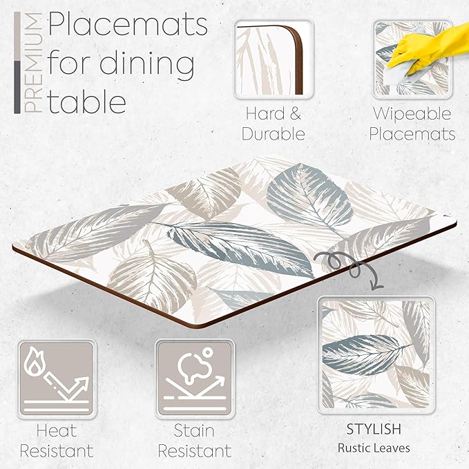 Moderry Set of 4 Heat Resistant Cork Placemats for Dining Table with Free Set of 4 Matching Drink Coasters Marble Design 16 x 12 Inches Cork Backed Hard Placemats (Farmhouse Rustic Leaves)