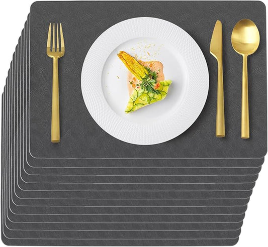 Uolr Vinyl Placemats Set of 12 Faux Leather 100% Waterproof Wipeable Washable Place Mats Heat Resistant Easy Clean Non-Slip Table Mats for Indoor Outdoor. (12,Gray)