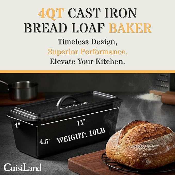 Cuisiland Rectangular Cast Iron Bread Loaf Pan, Heavy Duty 11x4.75x4,25" (14" L/Handles) with Lid (BLP137U)