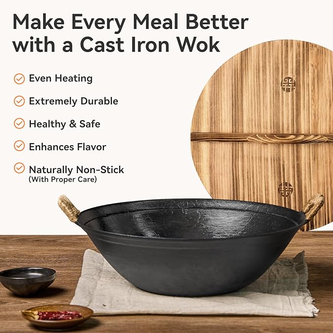 WANGYUANJI 13.4 Inch Cast Iron Wok with Wooden Lid and Iron Spatula, Flat Bottom Double-Handle Chinese Stir Fry Pan, Uncoated Cast Iron Wok for Induction, Gas and Electric Stoves