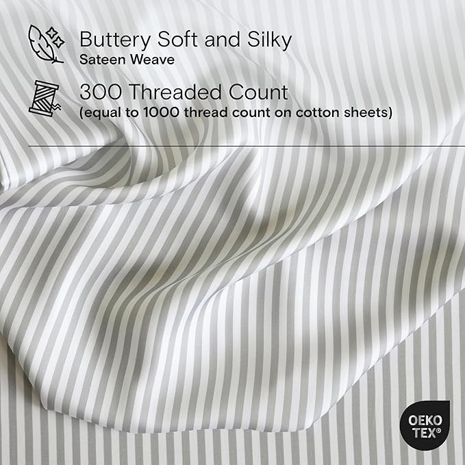 DOZ Sheet Set, 100% Viscose derived from Bamboo, Organically Grown, Buttery Soft, Cooling Sheets, High GSM, Deep Pockets - 3 Piece - 1 Pillowcase 1 Fitted Sheet 1 Top Sheet (Stripe, Twin)