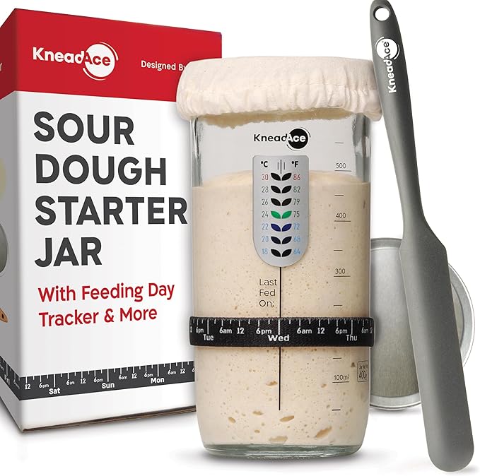 KneadAce Sourdough Starter Jar With Date Marked Feeding Band, Thermometer, Sourdough Jar Scraper, Sourdough Container Sewn Cloth Cover & Metal Lid, Sourdough Starter Kit