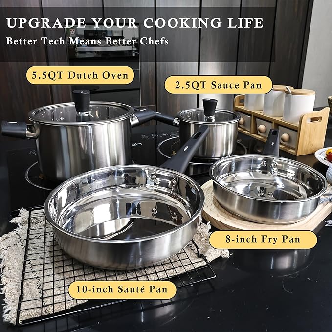 Meythway ?릶?릯?릤?릲???릡?릢 Stainless Steel Pots and Pans Set Non Toxic, 6PCs Kitchen Cookware Sets with Stay-Cool Handles, Non-Stick, Dishwasher Safe&Compatible with All Stovetops(Gas,Electric&Induction)