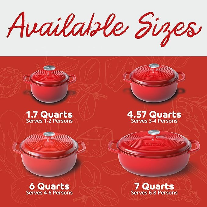 Segretto Cookware Enameled Dutch Oven Pot with Lid Rosso (Gradient Red) 1.7 Quarts Cast Iron Dutch Oven with Handle 1.7 qt Enamel Small Cast Iron Pot for Bread Baking, Cooking