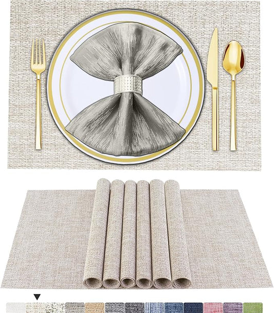 BETEAM Placemats Set of 6, Woven Vinyl Placemat for Dining Table Washable Wipeable Kitchen Place Mats Durable Indoor Outdoor Table Mats