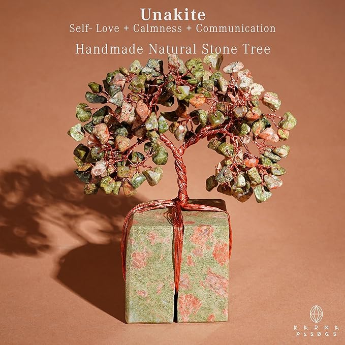 Crystal Tree for Birthday Gifts for Women, Handmade Raw Crystal Base Unakite Chakra Healing Crystal Tree of Life for Positive Energy, Money, Good Luck, Christmas D챕cor, Home and Office Decor
