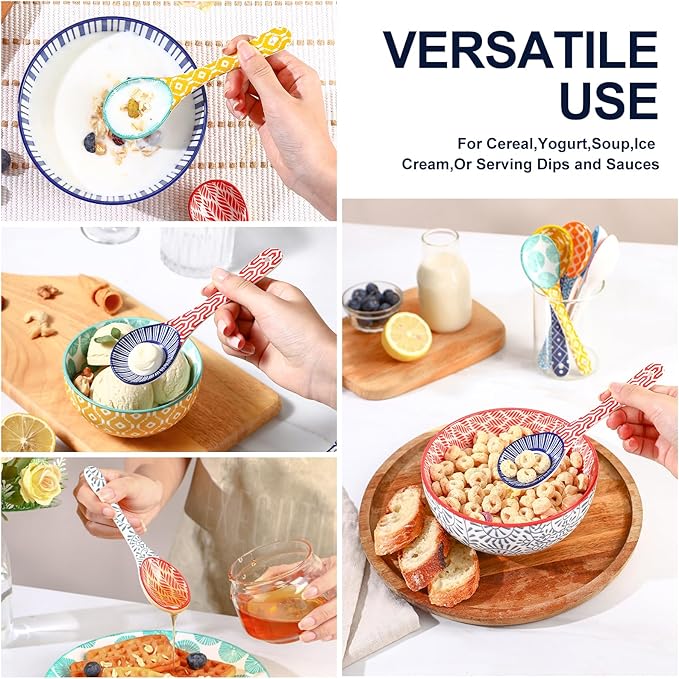 Selamica Ceramic Soup Spoons, 6.2 Inch Small Serving Spoons for Cereal, Yogurt, Dips, Ice Cream, Spoon Set of 6, Dishwasher & Microwave Safe, Assorted Colors