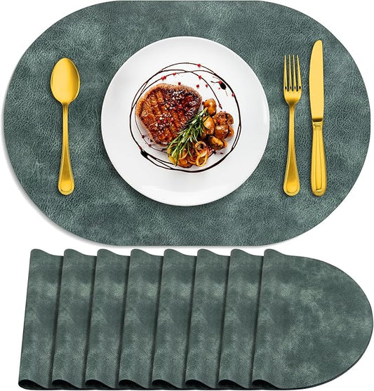 ADRIMER Placemats, Heat Resistant Oval Placemats Set of 8 Washable 12 x 17 Inch, Waterproof Table Mats, Wipeable Pu Place Mats for Kitchen, Dining Room, Blue & Green