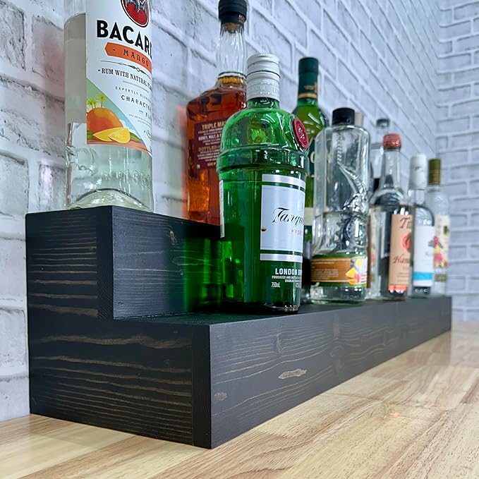 2 Tiered Countertop Liquor Bottle Display Shelf ??Holds 26 Bottles Bar Organizers for Wine & Whiskey ??Free Standing Bottle Stand for Home, Bar Decor ??Wooden Kitchen Counter Shelf, Black