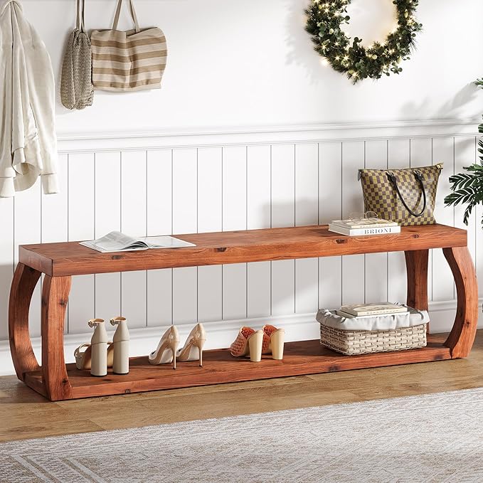 TRIBEWOOD 2-Tier Solid Wood Entryway Bench, 59" Long Farmhouse End of Bed Bench with Open Shelves, Rustic Shoe Storage Wooden Seating for Entry, Kitchen, Living Room, Bedroom, Hallway (Rustic Brown)
