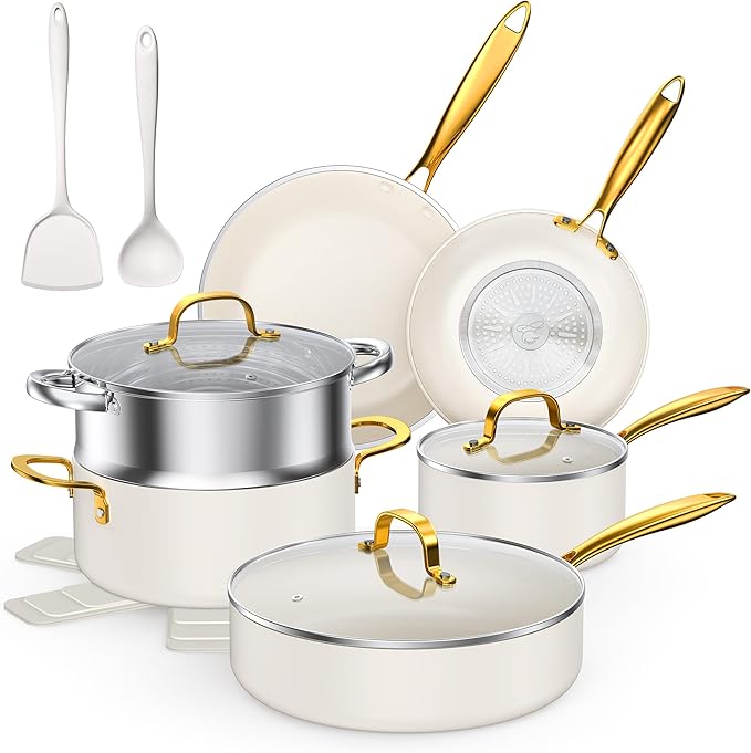 PekGema Ceramic Cookware Set 15-Pieces, Pots and Pans Set Non Stick, Oven Safe Non Toxic, Kitchen Cookware Set, PFOA PTFE FREE, Gold White