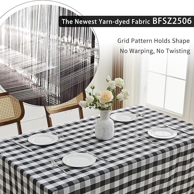 BALCONY & FALCON Gingham Table Cloth Rectangle ??Machine Washable Wrinkle-Free Buffalo Checkered Tablecloth for 6ft 8ft Tables, Outdoor Picnic, Party, Kitchen Dining Decor (Black White, 55x71 Inch)