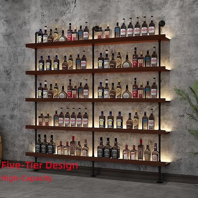 71 Inch Industrial Wall Mounted Wine Rack, 5-Tier Rustic Metal Floating Shelves, Large Capacity Wall Bar Shelves for Liquor Bottles for Home Bar & Dining Room, Walnut(Without Lights)