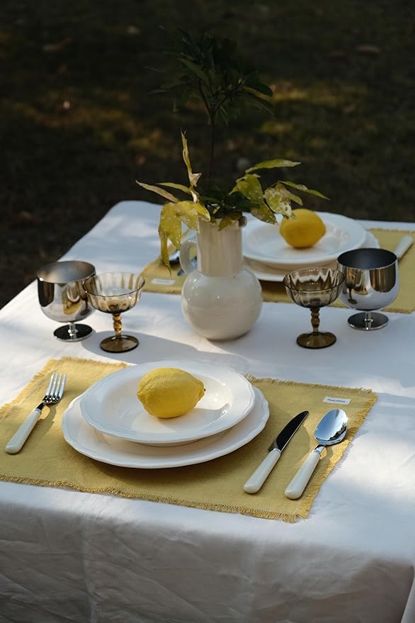 Noalumea 100% Linen Placemats Set of 4 ??Thick Mustard Yellow Table Mats with Hand-Frayed Edges, Machine Washable, Elegant Dining Table Decor for Everyday Meals & Holiday Gatherings, 14 x 19 Inch