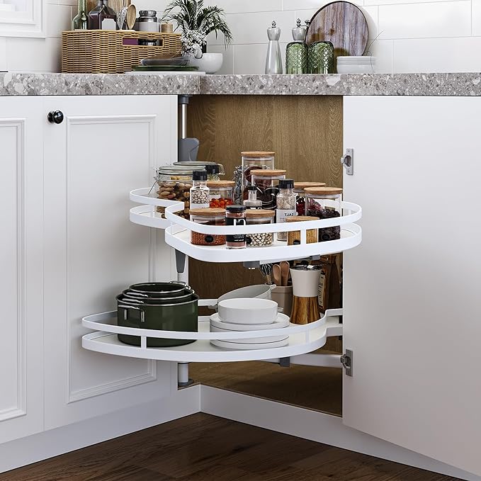 DWVO Corner Cabinet Organizer, 2-Tier Blind Corner Pull Out with 270째 Rotating Shelf, Right Swing Tray, Heavy-Duty Iron, Easy-Install Template, 32.7"x17.3"x21.3", White