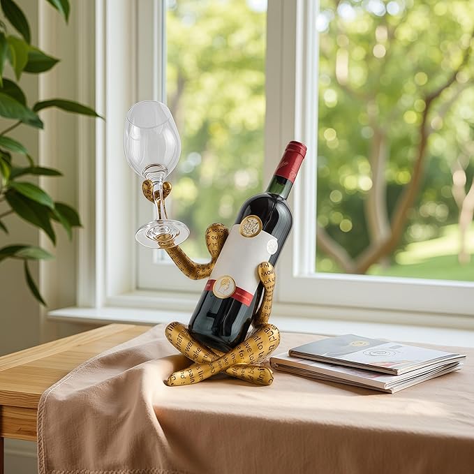 XINXUAN Abstract Wine Bottle Holder Home Decor, Resin Hollow-Out Design Decorative Wine Rack (Letter - Gold)