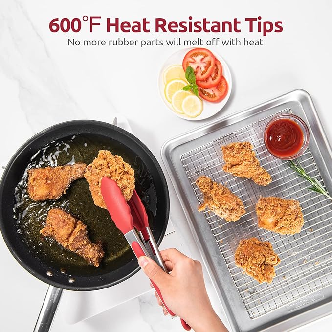 600쨘F Heat Resistant Kitchen Tongs: U-Taste 9 inch Silicone Cooking Tong with Firm Sealed Non Stick Rubber Tips & Silicon Coated 18/8 Stainless Steel Handle & Smooth Locking for Serving Salad (Red)
