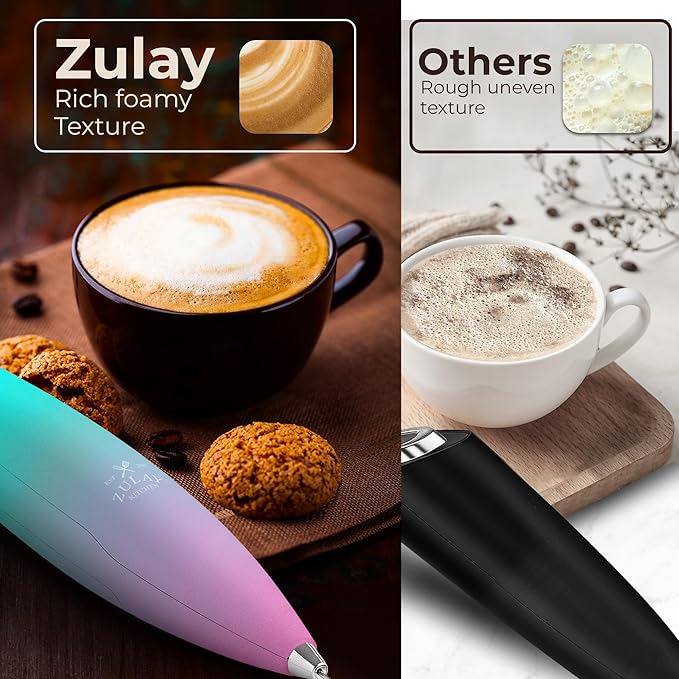 Zulay Kitchen Patented Tornado Triple Whisk Milk Frother with 4 Duracell Batteries ??Handheld Foam Maker for Coffee, Lattes, Matcha & Hot Chocolate ??Rich, Creamy Froth in Seconds