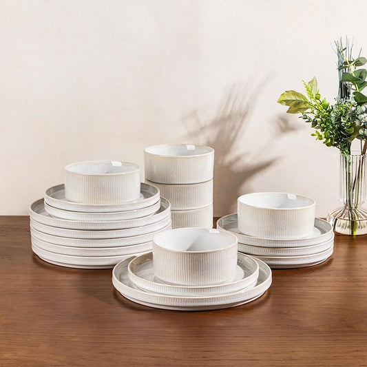 GBHOME Stoneware Dinnerware Sets for 8,Round Reactive Glaze Ceramic Plates and Bowls Set,Highly Scratch Resistant| Dishwasher & Microwave Safe Dishes Set,Service for 8(24Pcs),Sugar White
