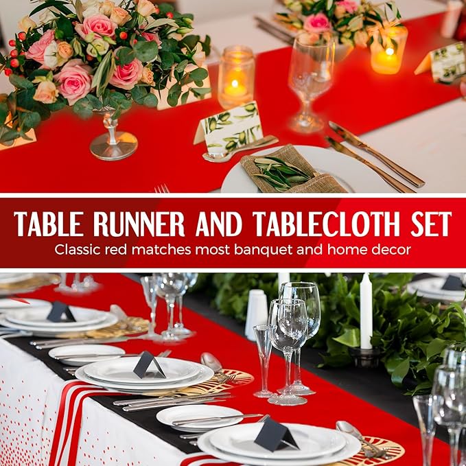 Tudomro 16 Pcs White and Red Disposable Plastic Tablecloths and Satin Table Runner Set 54x108 Inch Tablecloth 12x108 Inch Table Runners for New Year Wedding Birthday Baby Shower Graduation