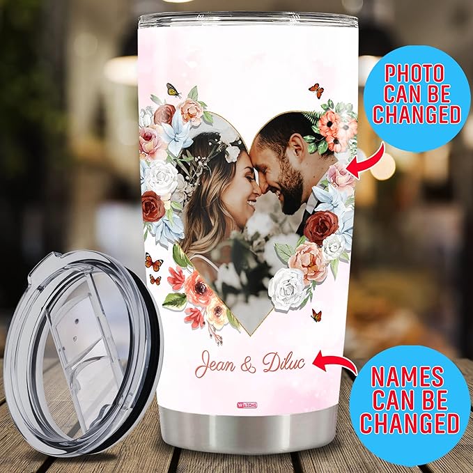 WAZONE Personalized Couples Tumbler With Picture Customized Floral Photo Frame Couple Travel Mugs With Text Name 20 30 Oz StainlessGifts For Lovers Women Men Girl On Valentine's Day Bi