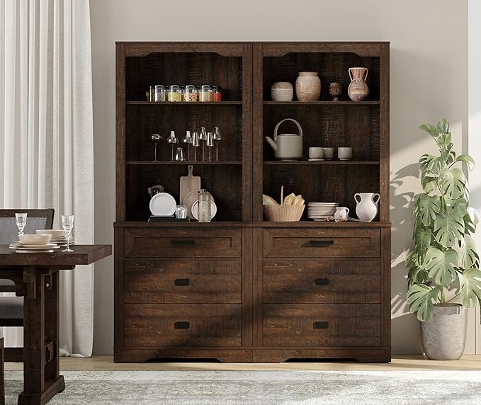 WAMPAT 2 Column 3 Tier Pantry Cabinet with Drawer,73.3" Tall Floor Standing Cupboard,Modern Farmhouse Display Kitchen Buffet with Adjustable Shelves for Dining Room,Living Room,Rustic Brown