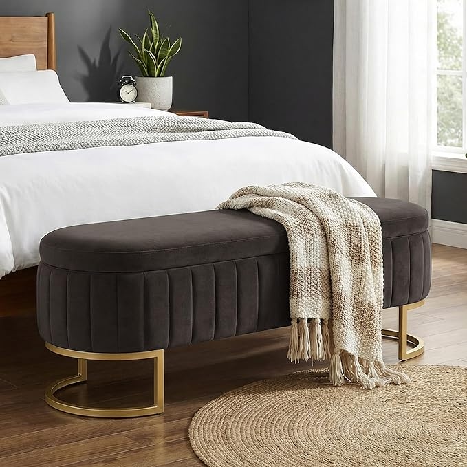 VIROL 65 Inch Storage Ottoman Bench Velvet End of Bed Storage Bench King Size Upholstered Tufted Bench Large Space for Bedroom Living Room Entryway Dark Grey