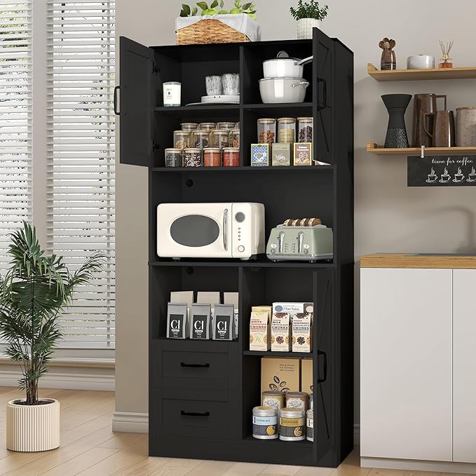 Kitchen Pantry Storage Cabinet with LED Lights and Power Strip, Tall Farmhouse Kitchen Pantry with Barn Doors and Drawers, Adjustable Shelves for Dining Living Room (Black)