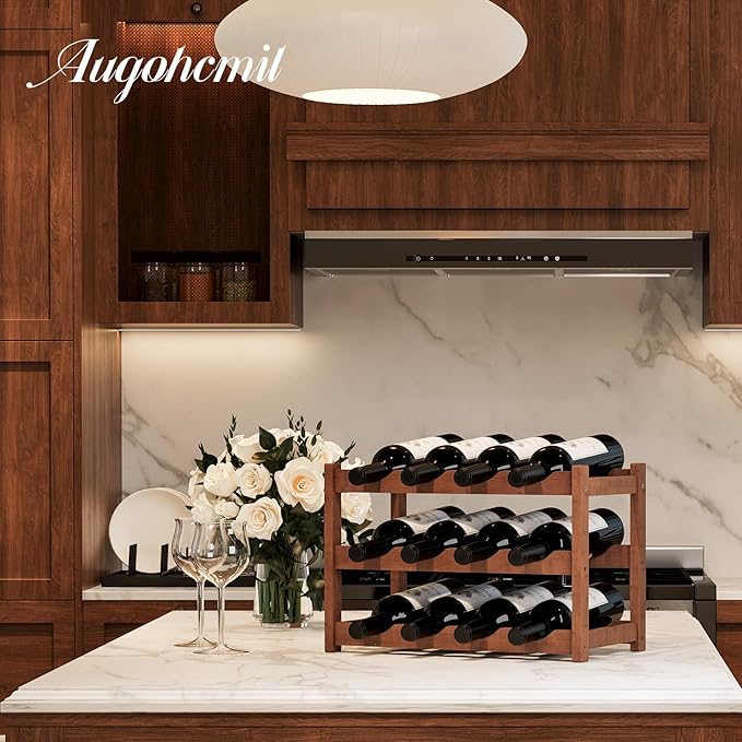 Wine Rack竊똁amboo Wine Storage Cabinet Shelf竊똂ountertop Wine Shelf- Freestanding Wine Holder for Kitchen & Pantry (Brown, 3-Tier)
