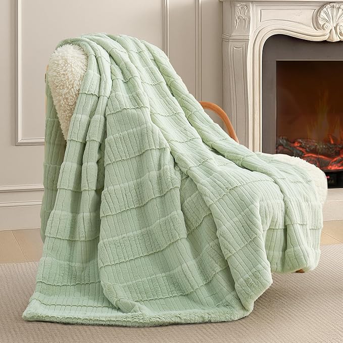 Am챕lie Home Luxury Striped Faux Fur Throw Blanket for Couch, Soft Cozy Fuzzy Fluffy Soft Plush Blankets Sofa Chair Gift Blankets for Women, 55"x70", Sage Green