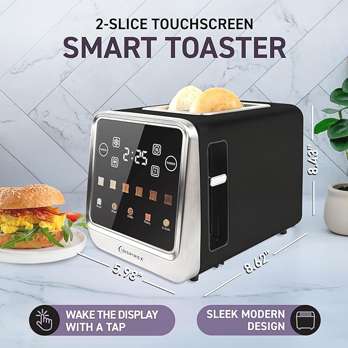 Inspirex Touch Screen Toaster - 2 Extra Wide Slots - 5 Bread Types and 6 Browning Levels - Defrost, Reheat, Favorite, & Single Slot Modes - For Toast, Bagels, & Waffles ??Black