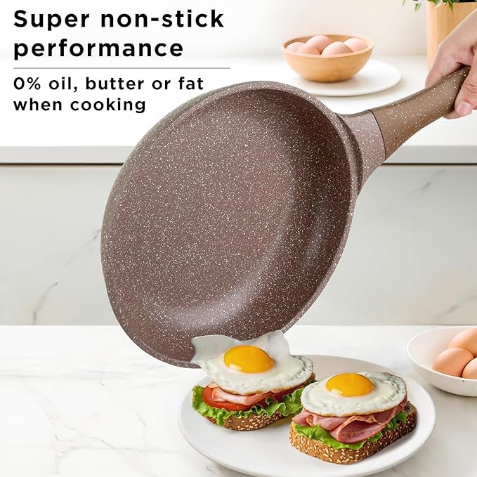 Pots and Pans set for cooking nonstick, 10Pcs, Durable Aluminum cookware set, PFOA-free, Kitchen pans set with glass lid, Induction safe, Taupe (10)